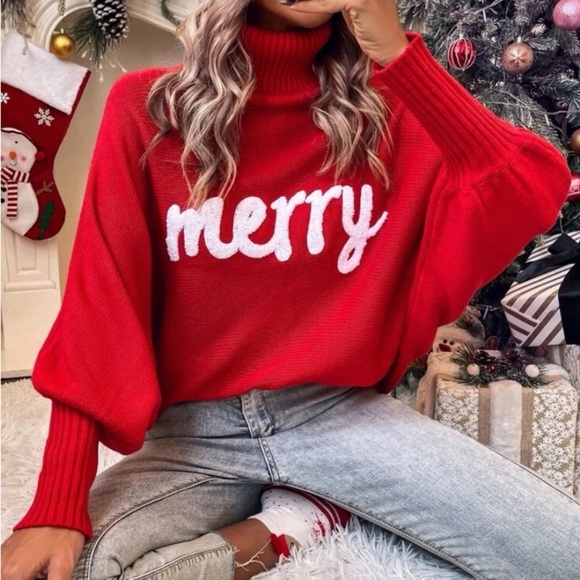 New Red Merry Christmas Holiday Sweater Turtleneck Dolman Long Sleeves White NWT - Picture 1 of 16